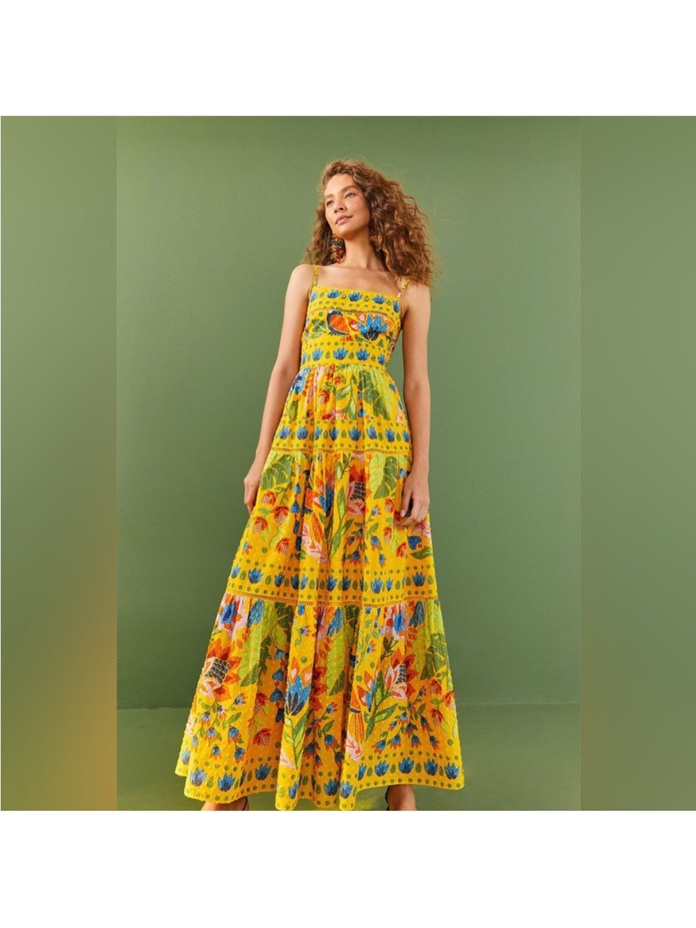 FARM Rio Yellow Floral Tiered Maxi Dress with Multicolor Blooms